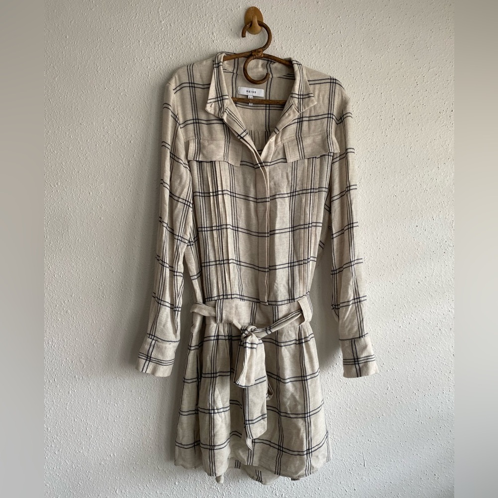 Reiss Checked Shirt Dress Tan and White - Picture 2 of 6